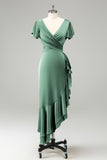 Peacock V-Neck Satin Sheath Wedding Guest Dress with Ruffles