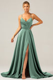 A Line Dusty Sage Spaghetti Straps Satin Formal Dress with Slit