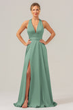 A Line Terracotta V-Neck Backless Satin Long Bridesmaid Dress with Slit