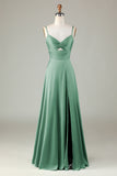 Dusty Sage Keyhole Spaghetti Straps Bridesmaid Dress with Slit