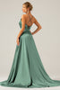 Load image into Gallery viewer, A Line Dusty Sage Spaghetti Straps Satin Formal Dress with Slit