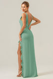 Dusty Blue Mermaid Deep V Neck Backless Long Bridesmaid Dress with Slit