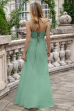 A Line Eucalyptus Spaghetti Straps Long Bridesmaid Dress with Lace Up Back