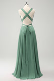 A-Line Dusty Blue V-Neck Backless Bridesmaid Dress with Slit