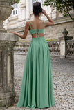 A-Line Eucalyptus V Neck Chiffon Long Bridesmaid Dress with Lace Up Back