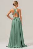 A Line Terracotta V-Neck Backless Satin Long Bridesmaid Dress with Slit