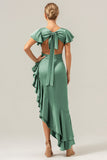 A Line Dusty Sage V Neck Satin Asymmetrical Bridesmaid Dress with Slit