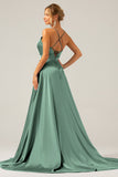 A Line Dusty Sage Spaghetti Straps Satin Formal Dress with Slit