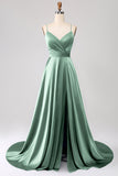 A Line Dusty Sage Spaghetti Straps Satin Formal Dress with Slit