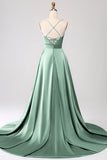 A Line Dusty Sage Spaghetti Straps Satin Formal Dress with Slit