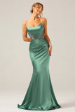 Dusty Sage Spaghetti Straps Mermaid Satin Long Formal Dress