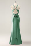 Terracotta Mermaid V Neck Satin Long Bridesmaid Dress