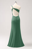 Dusty Sage One Shoulder Mermaid Satin Long Bridesmaid Dress