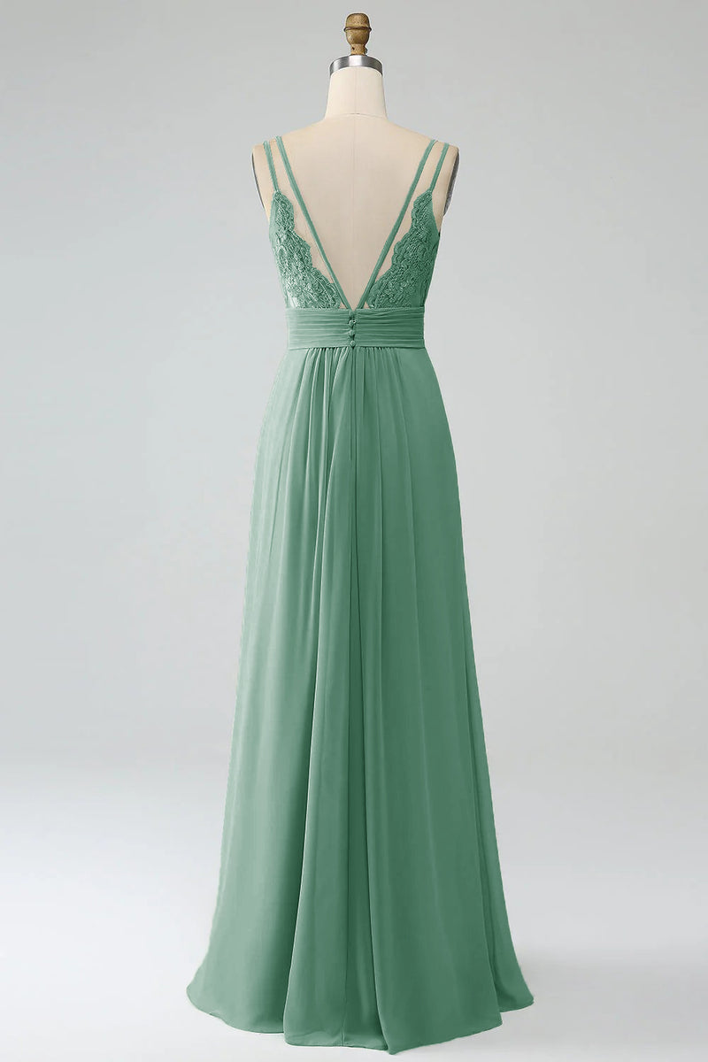 Load image into Gallery viewer, Dusty Blue A-Line Spaghetti Straps Pleated Chiffon Long Bridesmaid Dress