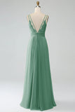 Dusty Blue A-Line Spaghetti Straps Pleated Chiffon Long Bridesmaid Dress