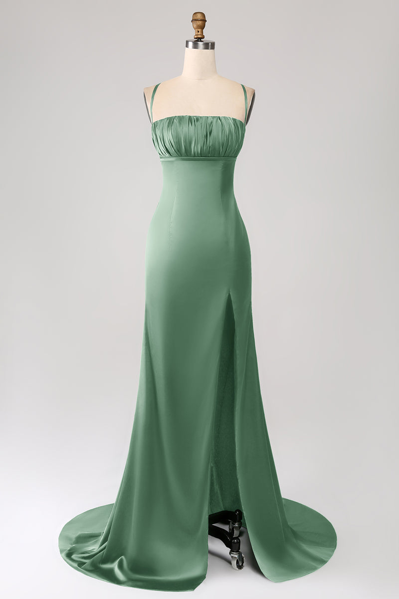 Load image into Gallery viewer, Dusty Sage Mermaid Spaghetti Straps Satin Formal Dress with Slit