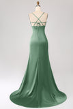 Dusty Sage Mermaid Spaghetti Straps Satin Formal Dress with Slit