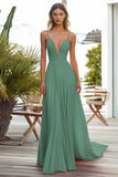 Pink Chiffon A Line Spaghetti Straps Pleated Long Wedding Guest Dress