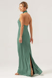 Eucalyptus Halter Mermaid Bridesmaid Dress with Slit