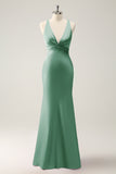 Dusty Sage Mermaid V Neck Satin Long Bridesmaid Dress