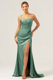 Dark Green Mermaid Spaghetti Straps Corset Satin Bridesmaid Dress with Slit