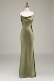 Dusty Blue Sheath Spaghetti Straps Satin Long Bridesmaid Dress