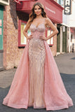 Sparkly Blush Spaghetti Straps Mermaid Prom Dress with Cape