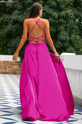 A-Line Spaghetti Straps Backless Long Satin Formal Dress with Slit