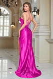 Fuchsia Mermaid Spaghetti Straps Long Formal Dress With Slit