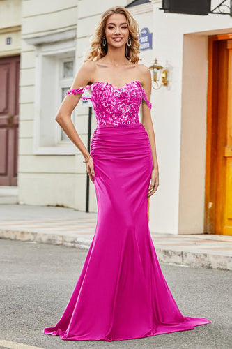 Fuchsia Mermaid Off The Shoulder Long Formal Dress with Sequins
