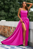 A-Line Spaghetti Straps Backless Long Satin Formal Dress with Slit