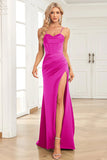 Fuchsia Mermaid Spaghetti Straps Satin Formal Dress with Slit Front