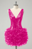 Glitter Fuchsia V Neck Sequins Cocktail Dress with Detachable Ruffles