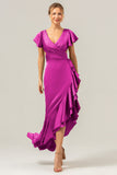 A Line Terracotta V Neck Satin Asymmetrical Bridesmaid Dress with Slit