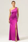 Fuchsia Mermaid One Shoulder Backless Satin Long Bridesmaid Dress