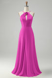 A-Line Fuchsia Halter Cut Out Long Bridesmaid Dress with Flower