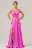 Dusty Blue A Line V-Neck Backless Satin Long Bridesmaid Dress with Slit