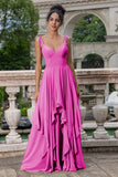 Fuchsia A Line Spaghetti Straps Long Bridesmaid Dress with Ruffles