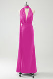 Fuchsia Sheath V-Neck Backless Wedding Guest Dress with Slit