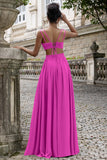 A-Line Lilac V Neck Chiffon Long Bridesmaid Dress with Lace Up Back