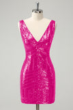 Glitter Fuchsia V Neck Sequins Cocktail Dress with Detachable Ruffles