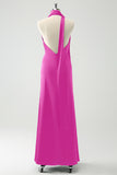 Fuchsia Sheath V-Neck Backless Wedding Guest Dress with Slit