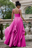 Fuchsia A Line Spaghetti Straps Long Bridesmaid Dress with Ruffles