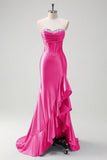 Sparkly Burgundy Mermaid Strapless Ruffled Corset Satin Long Formal Dress with Slit