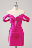 Fuchsia Tight Off the Shoulder Corset Satin Cocktail Dress