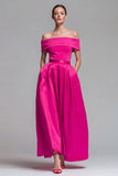 Off the Shoulder A Line Fuchsia and Red Color Block Long Formal Dress