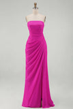 Light Pink Strapless Sheath Ruched Long Formal Dress with Slit