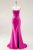 Sparkly Blush Mermaid Beaded Strapless Long Corset Formal Dress With Slit