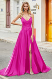 Fuchsia A Line Spaghetti Straps Long Formal Dress with Appliques