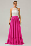 Keyhole Lavender Halter Boho Chiffon Long Bridesmaid Dress with Lace